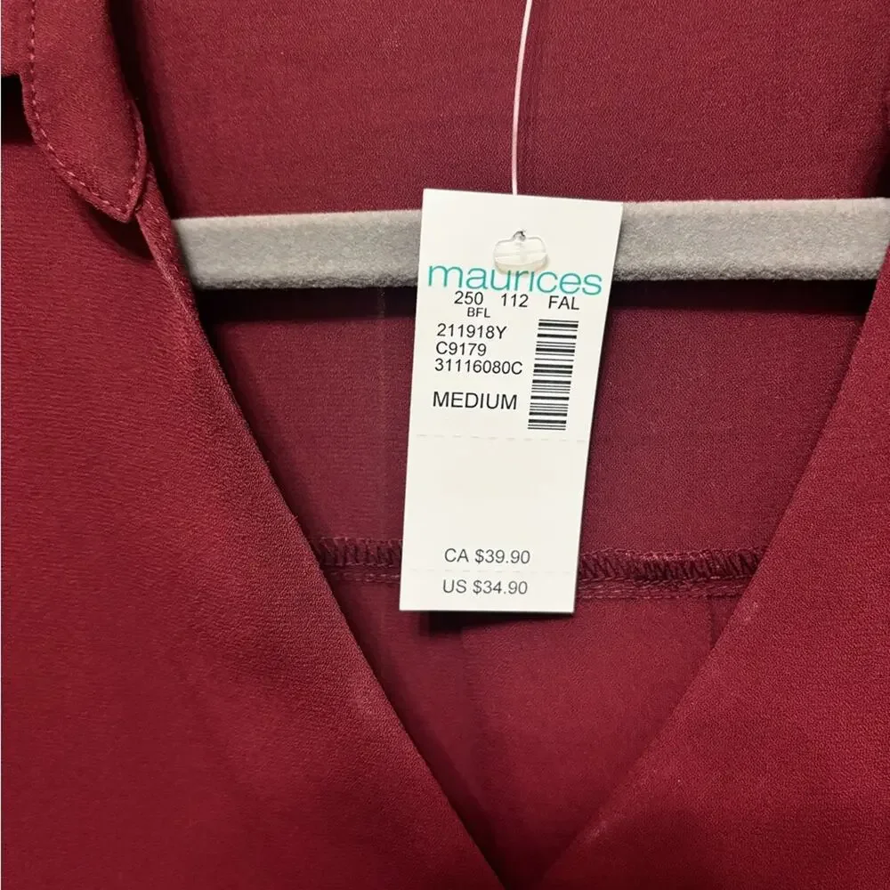 NWT Maurices Burgundy V-Neck Blouse with Long Sleeves Size M - Picture 3 of 4